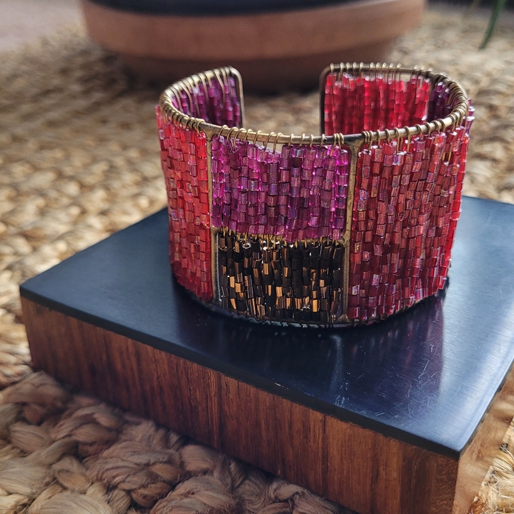 Stacked Bead Colorblock Cuff Bracelet in Bronze, Fuscia, and Red.